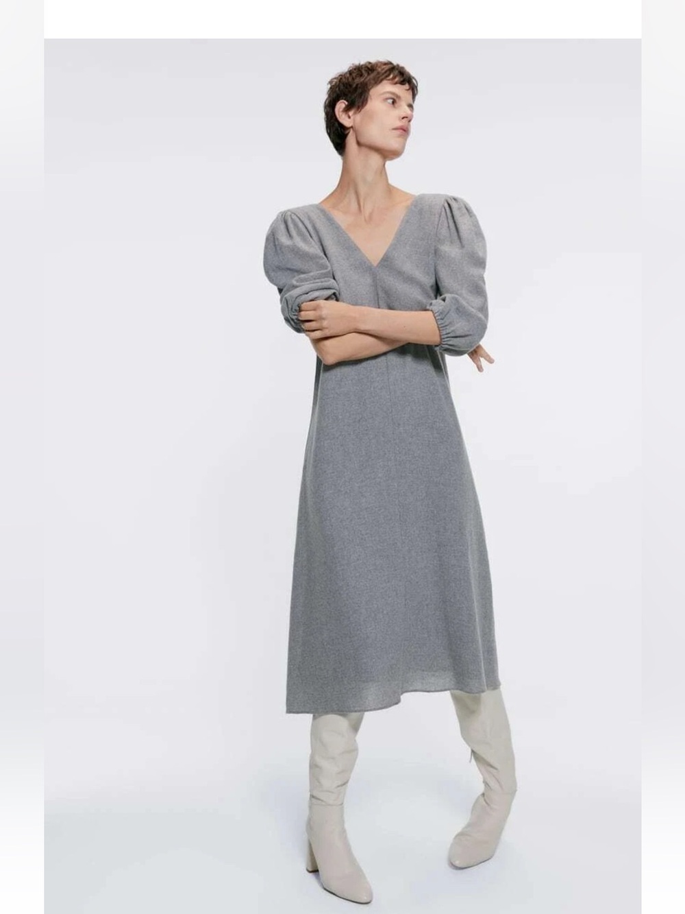 ZARA GRAY WOOL GRAY V NECK MIDI MAXI DRESS L-XL